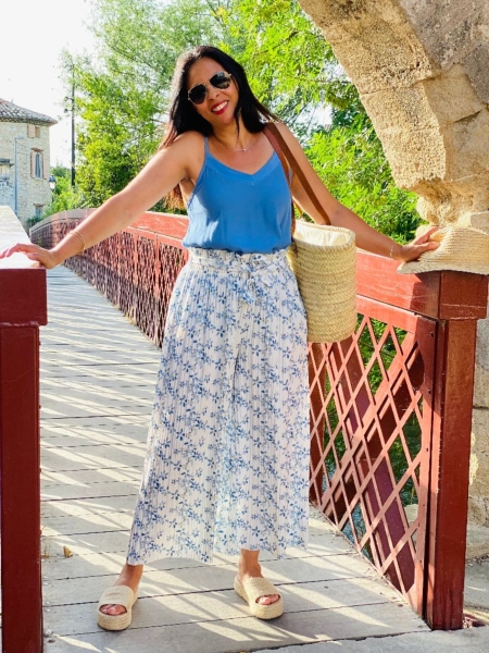 Pantalon fluide ample Brigitte imprimé bleu