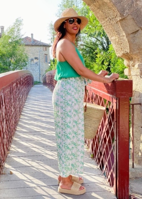 Pantalon fluide ample Brigitte imprimé vert