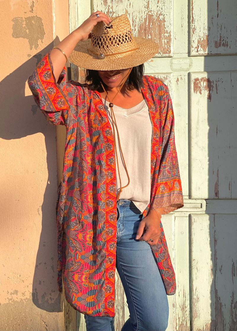 Veste longue en soie coupe kimono mod?�le Hina